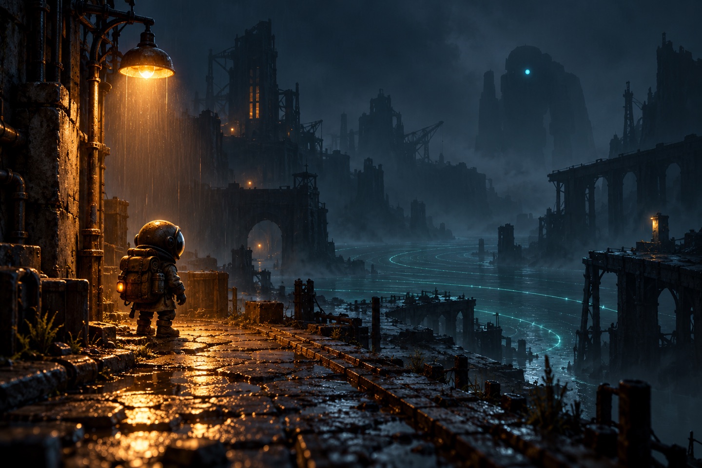 An armored scavenger beneath a warm street lamp, with cyan sonar ripples and a distant creature in a ruined city