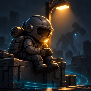 Dark Raid icon: a small armored scavenger beneath an amber street lamp